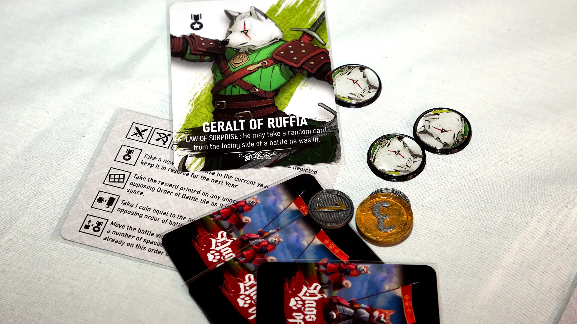 A player's cards and coins